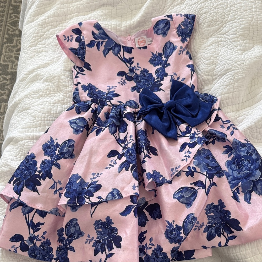 Pink & Navy Floral Bow Tiered Girls Dress